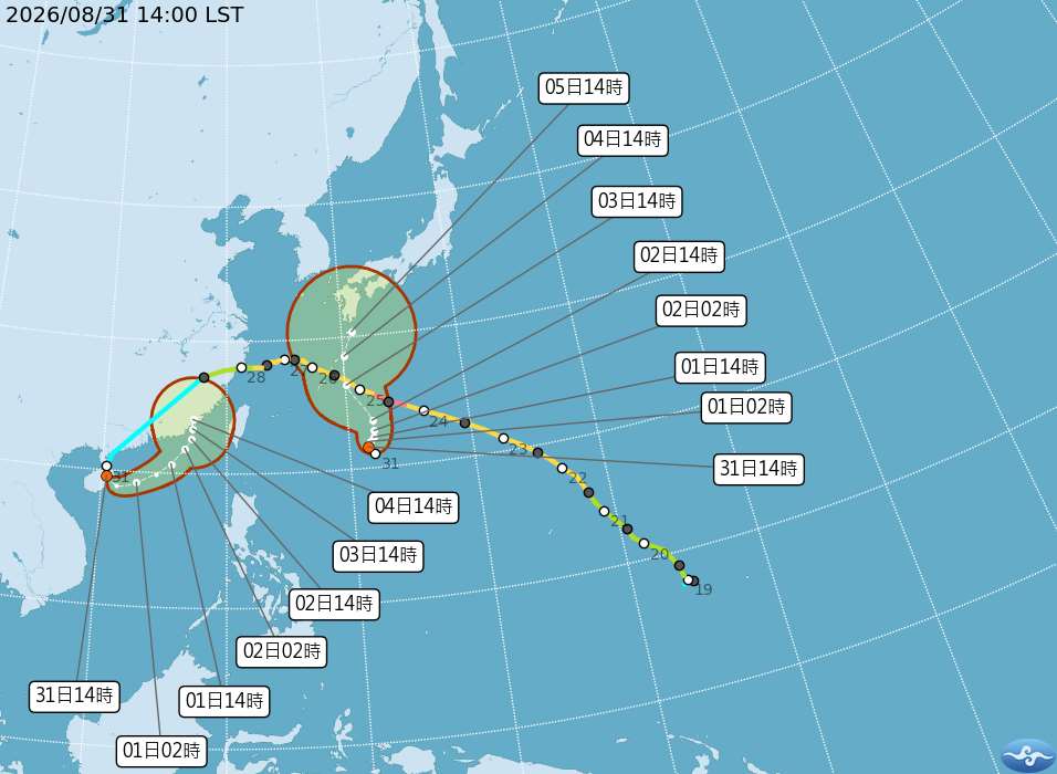 目前位於海南島的熱帶性低氣壓TD20，最快31日深夜至1日白天有機會增強為颱風沙德爾。(圖：氣象署)