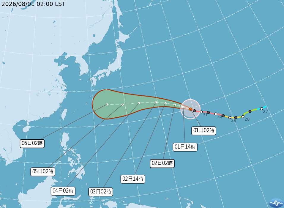 根據中央氣象署觀測，颱風白海豚今天(1日)凌晨2時的中心位置在北緯19.8度，東經159.1度，以每小時19公里速度，向西北進行。(圖：氣象署)