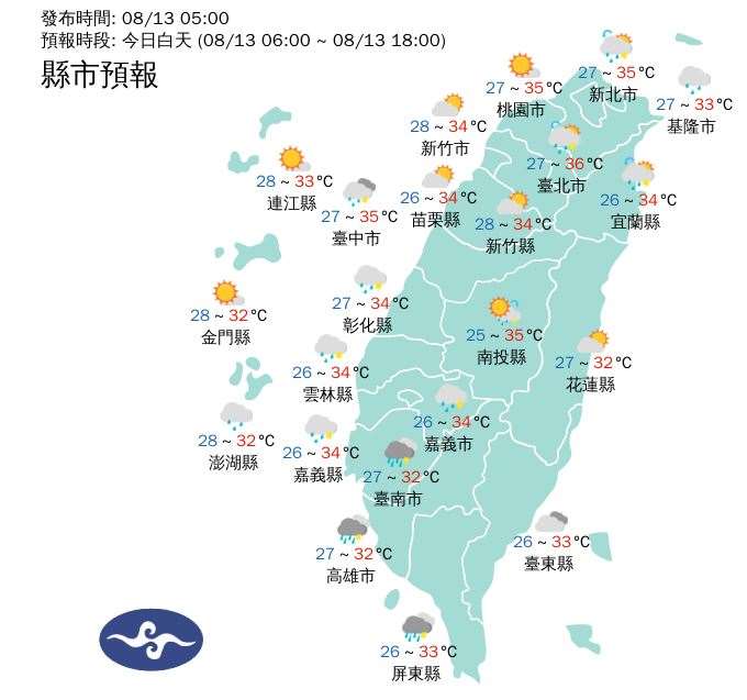 中央氣象署13日發布高溫資訊，各地天氣高溫炎熱，台北市、新北市、彰化縣、台東縣為橙色燈號；基隆市、宜蘭縣、花蓮縣為黃色燈號，注意36度以上高溫。(圖:交通部中央氣象署)