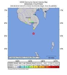 菲律賓南部外海5日發生規模6.3地震，震央在沙蘭加尼島(Sarangani)西南方32公里。(圖：USGS)