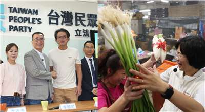 國民黨新北市長參選人李四川(左4)21日上午拜會民眾黨立法院黨團(左)。 民進黨新北市長參選人蘇巧慧(前右)21日前往板橋 果菜市場掃街拜票，攤商送上蒜苗與白蘿蔔祝福(右)。(中央社/央廣合成)