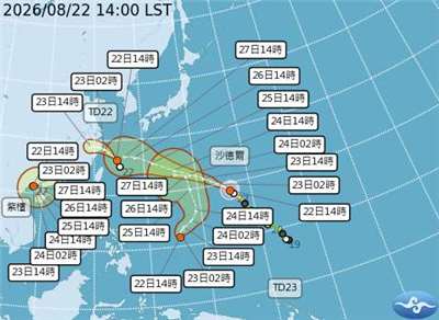 中央氣象署22日表示，中颱沙德爾23日可能增強為強颱，26、27日到琉球群島後，估路徑稍往西偏、接近台灣。(圖：中央氣象署)