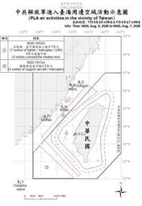 國防部7日公布「中共解放軍進入台海周邊空域活動示意圖」，國軍於6日上午6時20分至晚間7時10分，在台灣海峽空域偵獲中共7架次主戰機、直升機及無人機，其中3架次逾越中線。(圖:國防部)