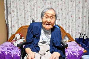 日本國內最年長人瑞賀川滋子享嵩壽115歲。(翻攝朝日新聞)