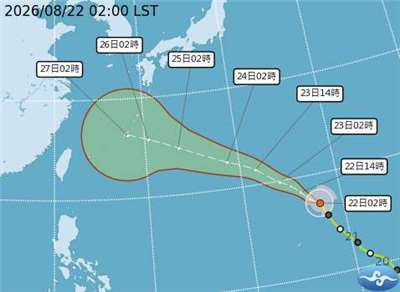 颱風沙德爾昨(21日)晚增強為中颱。圖為沙德爾路徑潛勢。(中央氣象署提供)