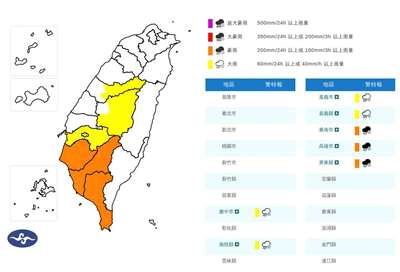氣象署今天(22日)針對南部地區發布豪雨特報，南高屏防局部大雨或豪雨。(中央氣象署提供)