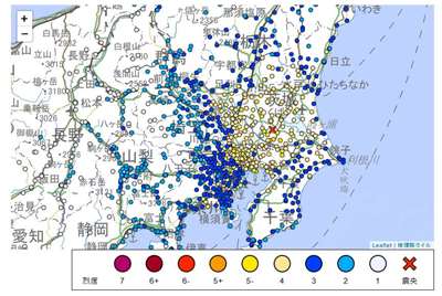 日本氣象廳表示，東京附近的茨城縣(Ibaraki)南部23日凌晨2點(台灣時間凌晨1點)發生地震，深度為68公里，沒有引發海嘯的擔憂。(翻攝日本氣象廳)