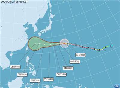 根據中央氣象署最新颱風消息，中颱白海豚3日上午8時中心位置約在台北東方2720公里之處，以每小時25公里速度，向西北西進行。中心氣壓945百帕，近中心最大風速每秒43公尺，7級風暴風半徑320公里。(圖：中央氣象署)
