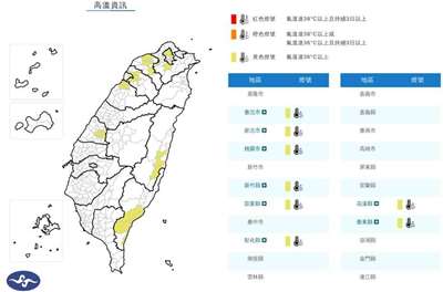 中央氣象署11日發布高溫資訊，西南風沉降影響，各地天氣高溫炎熱，台東縣有機會發生焚風，注意36度以上高溫。(圖:交通部中央氣象署)
