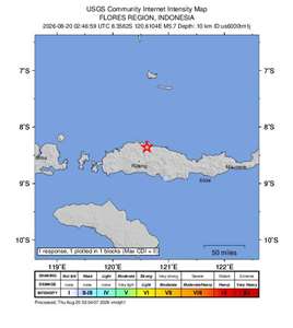 美國地質調查所(USGS)網站則顯示，印尼東部佛羅雷斯島(Flores Island)20日發生規模5.7地震。(圖:USGS)
