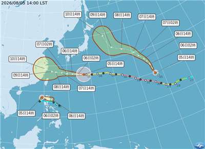 根據今天(5日)下午中央氣象署最新颱風消息，海面上3颱鼎立，包含中颱白海豚及2個輕度颱風鯨魚、昌鴻；鯨魚未來24小時將登陸呂宋島後消散，水氣併入白海豚，昌鴻將往日本東方海面移動，未來仍有略為增強的空間；鯨魚、昌鴻皆對台無影響。(圖：氣象署)