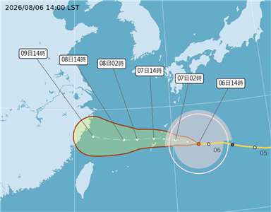 中颱白海豚朝琉球群島移動，預估8、9日距台最近、影響最劇烈。(氣象署提供)