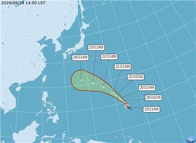 根據氣象署颱風消息，沙德爾19日下午2時中心位置在北緯8.2度，東經153.8度，以每小時32公里速度，向北進行。(圖：中央氣象署)