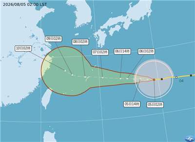 氣象專家吳德榮表示，中颱白海豚估7至9日環流通過北部海面、向北迴轉，西半部防短暫陣雨、東半部防極端高溫。(圖:中央氣象署)