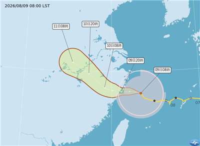 颱風白海豚9日上午8時中心位置在台北的北北東方約360公里處，以每小時16公里速度，向西轉西北西進行，中心氣壓968百帕，近中心最大風速每秒33公尺，七級風平均暴風半徑250公里，十級風平均暴風半徑80公里，海上颱風警報範圍為台灣北部海面。(圖：中央氣象署)