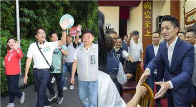 民進黨台北市長參選人沈伯洋(中，白衣者)21日上 午赴內湖碧湖公園掃街，向支持者揮手問候。(左)、台北市長蔣萬安(前右)21日現身立法院，出席「說 歷史陪爸媽」首映會，和與會者握手致意。 (右) (中央社/央廣合成)