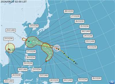 根據氣象署颱風消息顯示，第18號中颱沙德爾在關島北方海面，向西北西前進，26日在琉球附近漸轉偏西進行，27、28日再轉西南西朝台灣而來。(圖：中央氣象署)