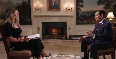 美國國務卿盧比歐(Marco Rubio)(右)接受福斯新聞頻道(Fox News Channel)節目My View with Lara Trump專訪。左為主持人，美國總統川普媳婦賴拉(Lara Trump)。(翻攝www.foxnews.com)