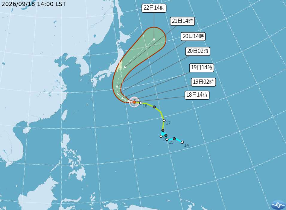 颱風杜鵑目前在日本南方海面，往西北方向前進。(圖：氣象署)