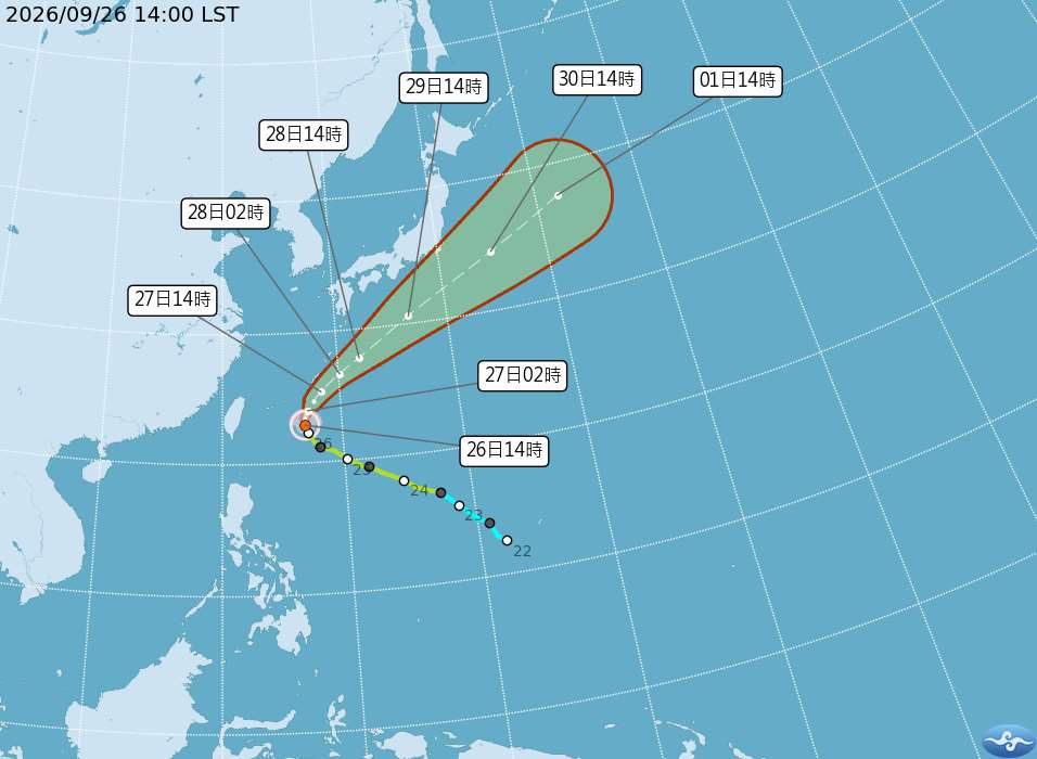 今年第26號颱風「舒力基」預計在27日到28日左右接近日本沖繩地區，可能在下週接近本州等地區。(圖：中央氣象署)