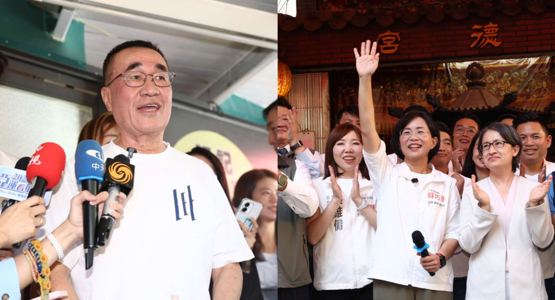 國民黨參選人李四川23日赴板橋龍興市場掃街拜票(左)。民進黨參選人蘇巧慧則在新莊與民進黨市議員參選人共同舉行競選記者會(右)。(資料照片/中央社)