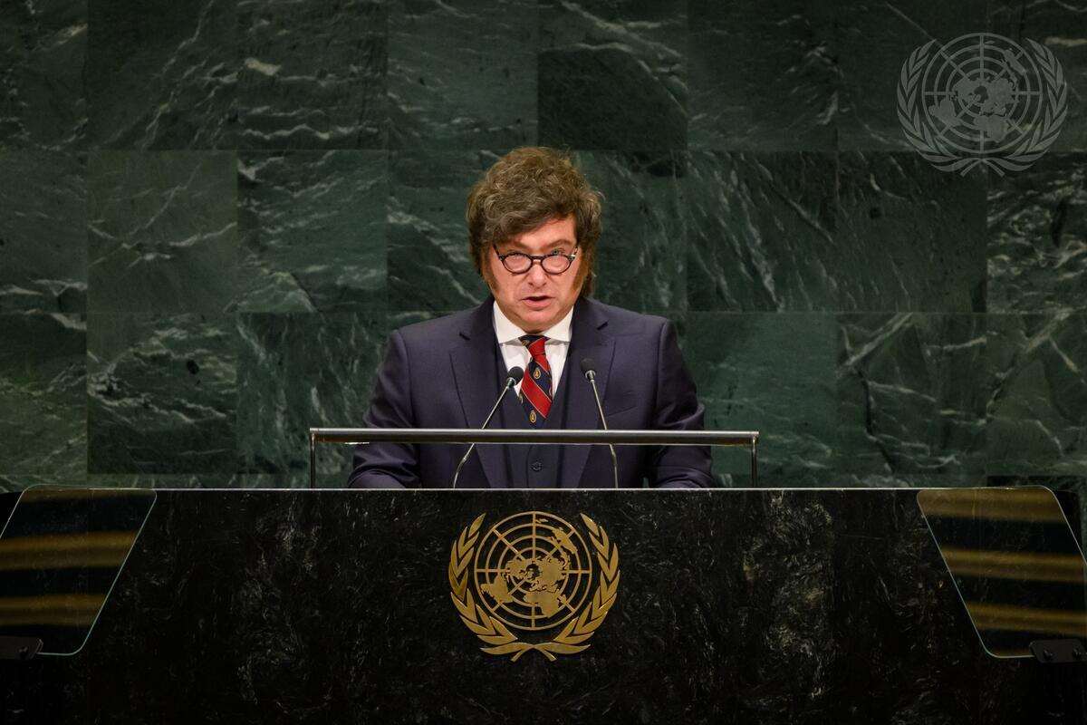 阿根廷總統米雷伊(Javier Milei)23日在聯大演說。(UN Photo/Loey Felipe)