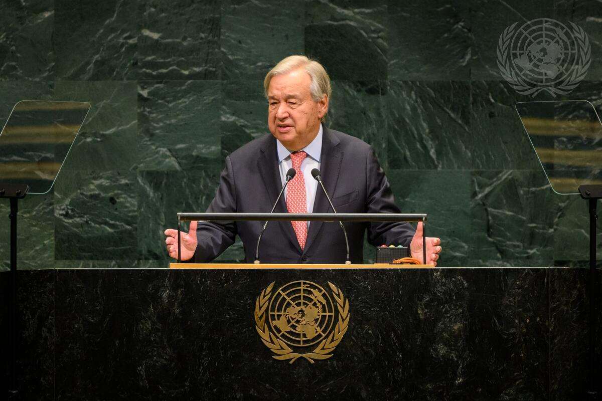 聯合國秘書長古特瑞斯(Antonio Guterres)22日在聯大開幕式上致詞。(UN Photo/Loey Felipe)