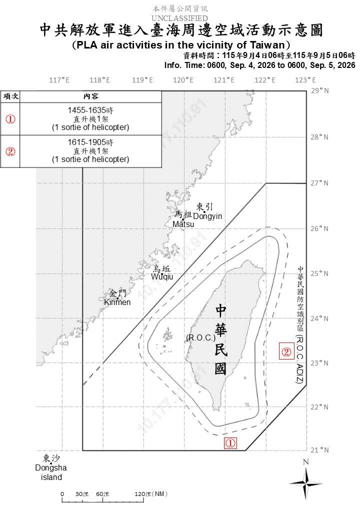國防部公布自昨天(4日)上午6時至今天(5日)上午6時，共軍在台海周邊活動情況。(國防部提供)