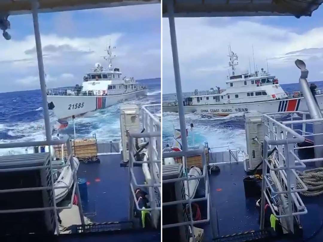 菲律賓海岸防衛隊發言人塔里耶拉表示，一艘中國海警船18日上午在南海海域「衝撞」該國漁業部的一艘公務船。(X@jaytaryela)