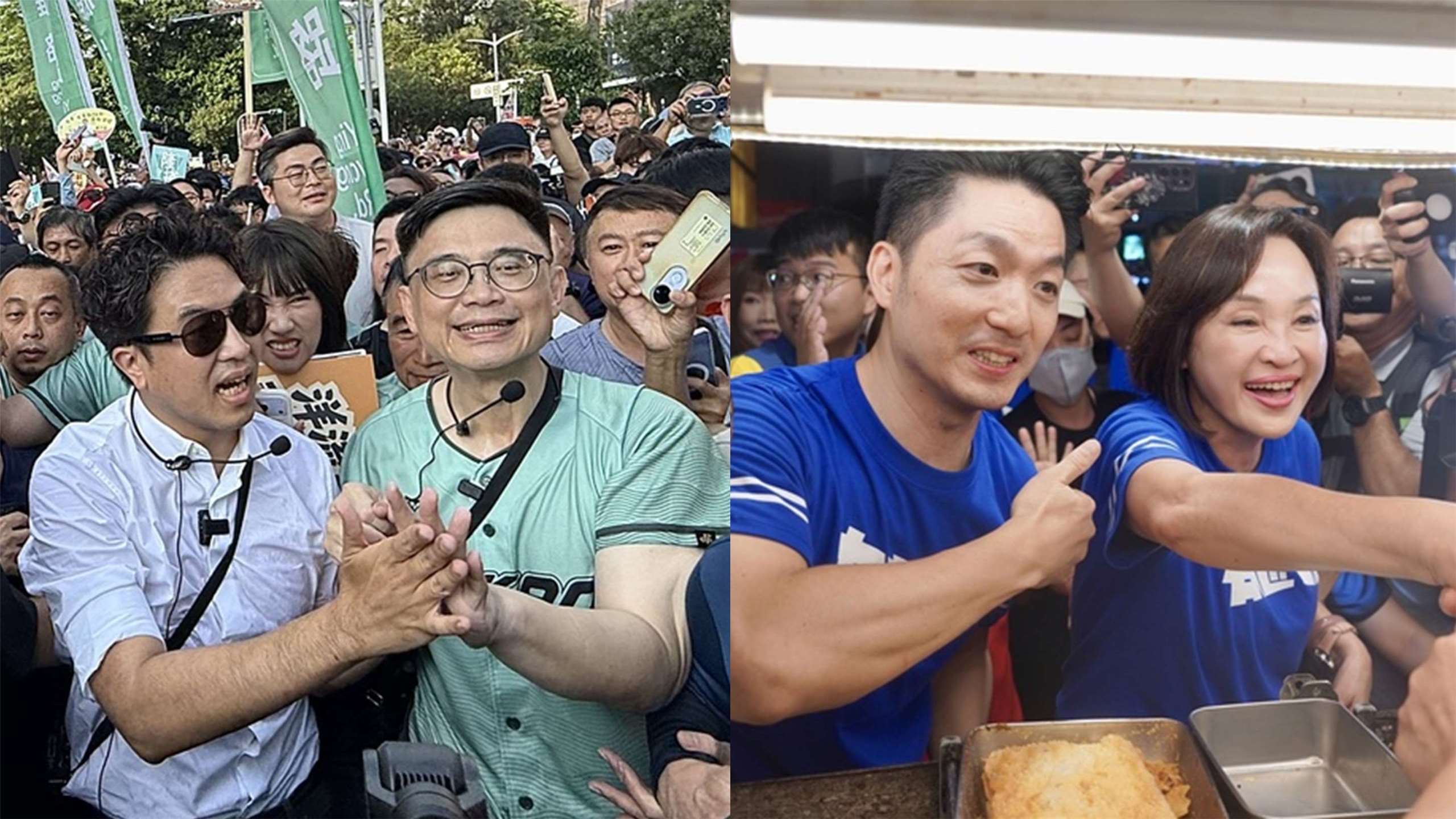 民進黨台北市長參選人沈伯洋與、台北市長蔣萬安19日都南下高雄，分別為賴瑞隆與柯志恩站台。合成圖。