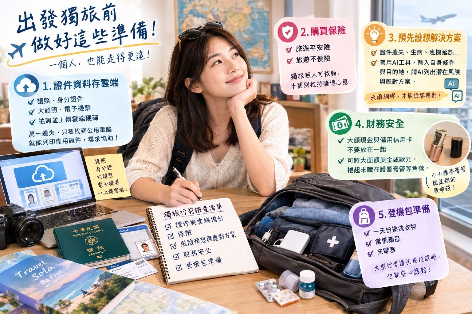 獨自一個人旅行正夯！但出發前需做足準備。(AI生成)