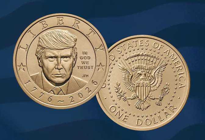 美國財政部2日發行印有總統川普肖像的美金1元硬幣。(圖：www.usmint.gov)