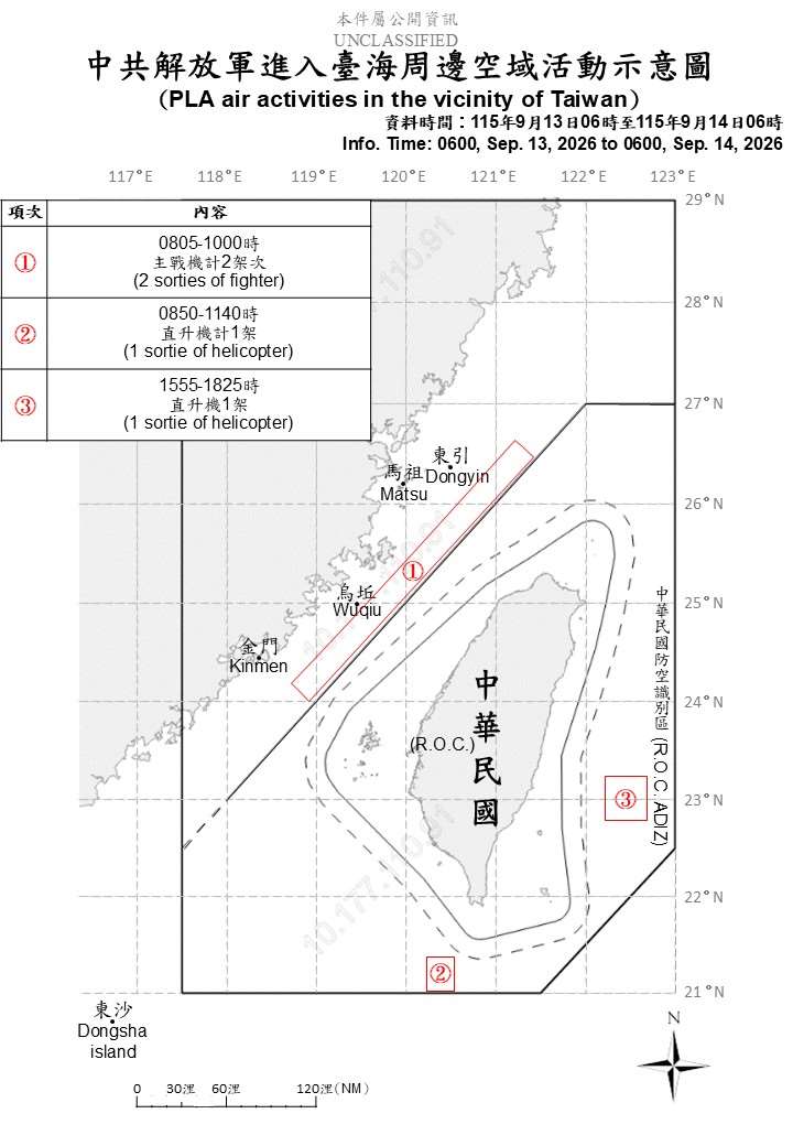 國防部14日上午公布共機艦動態，統計自13日上午6時起至14日上午6時止，偵獲6艘共艦、2艘公務船及4架次共機。(圖:國防部)