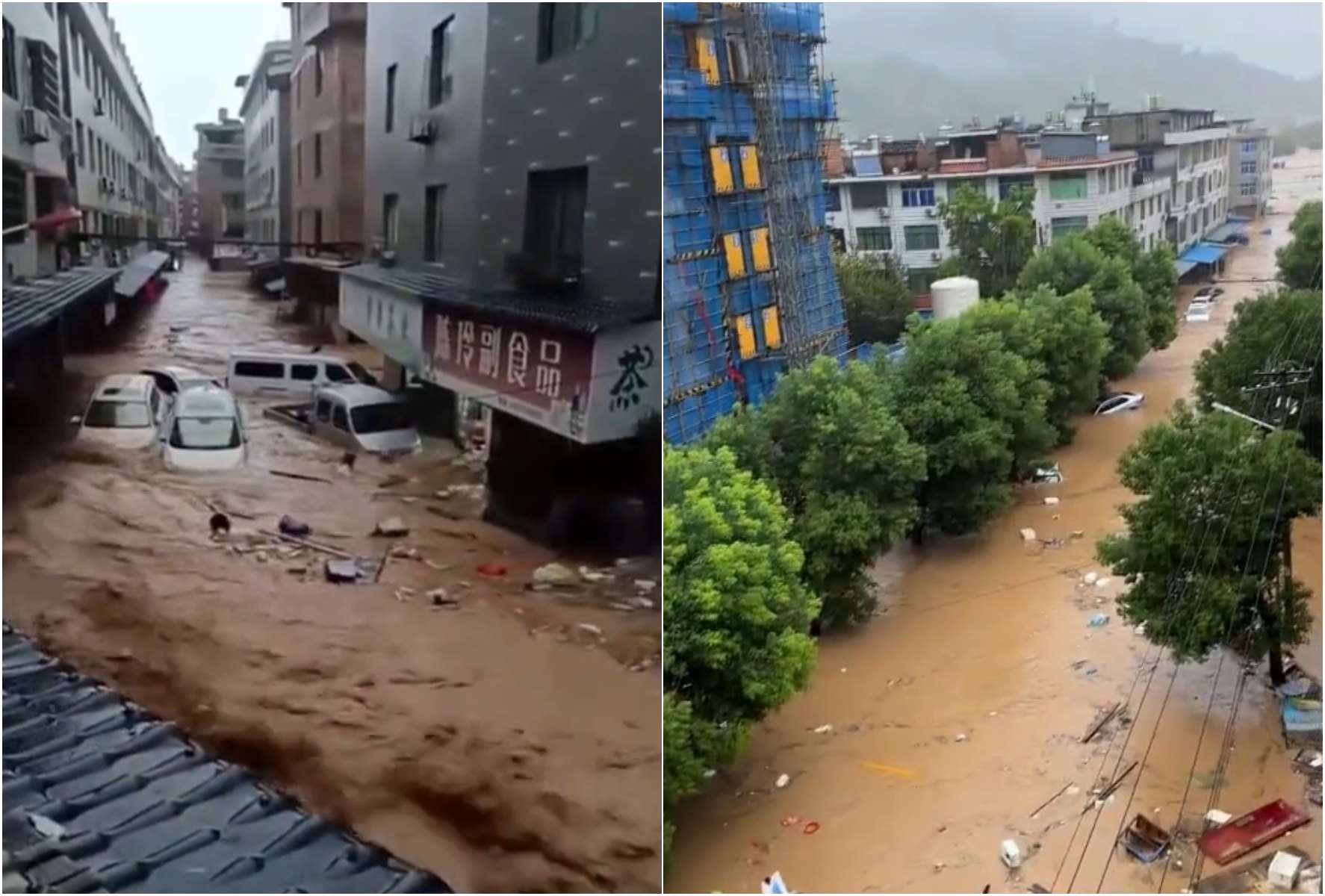 颱風沙德爾復活後再度襲擊中國，福建降下暴雨，「中國白茶第一街」所在的點頭鎮嚴重積水，茶商損失慘重。(微博影片截圖)