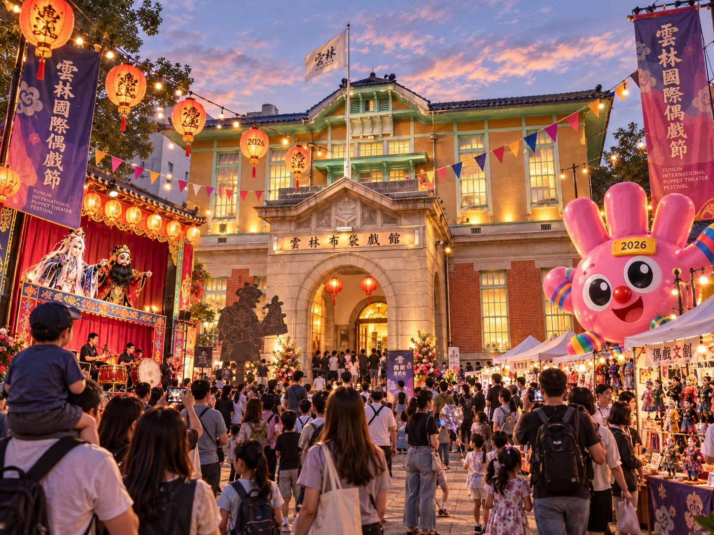 燈火點亮雲林布袋戲館，偶戲藝術在熱鬧人潮中展現傳統與創新的魅力。
