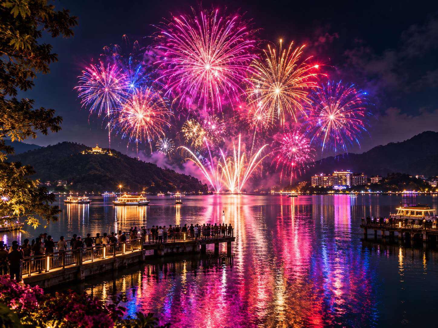 璀璨煙火點亮日月潭夜空，湖面倒映滿天光彩，也點燃秋夜最浪漫的期待。