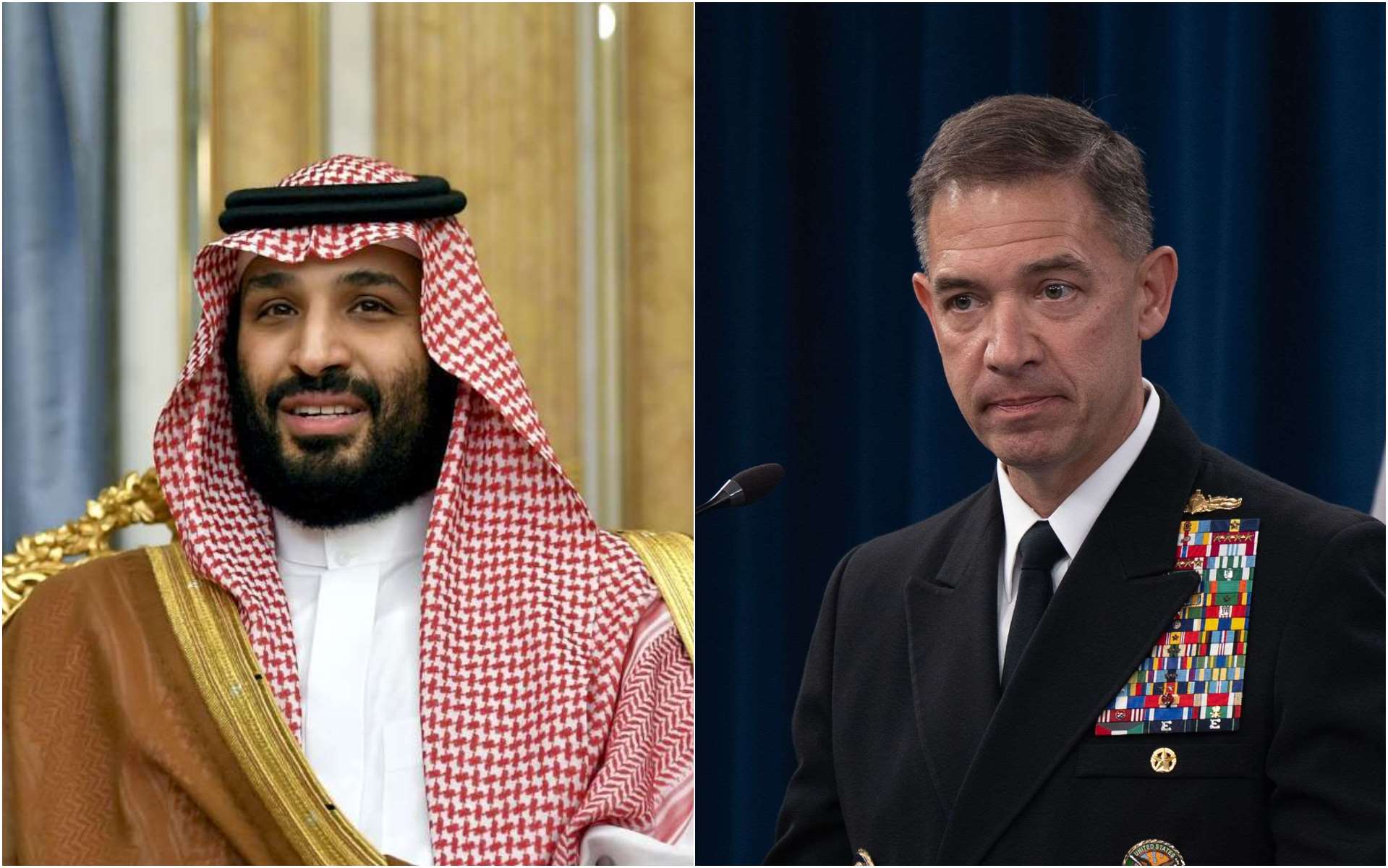 沙烏地王儲穆罕默德．沙爾曼(Mohammed bin Salman)(左)14日在沙國第二大城吉達(Jeddah)會見美軍中央司令部司令古柏(Brad Cooper)(右)。(美聯社/達志影像、美國戰爭部)
