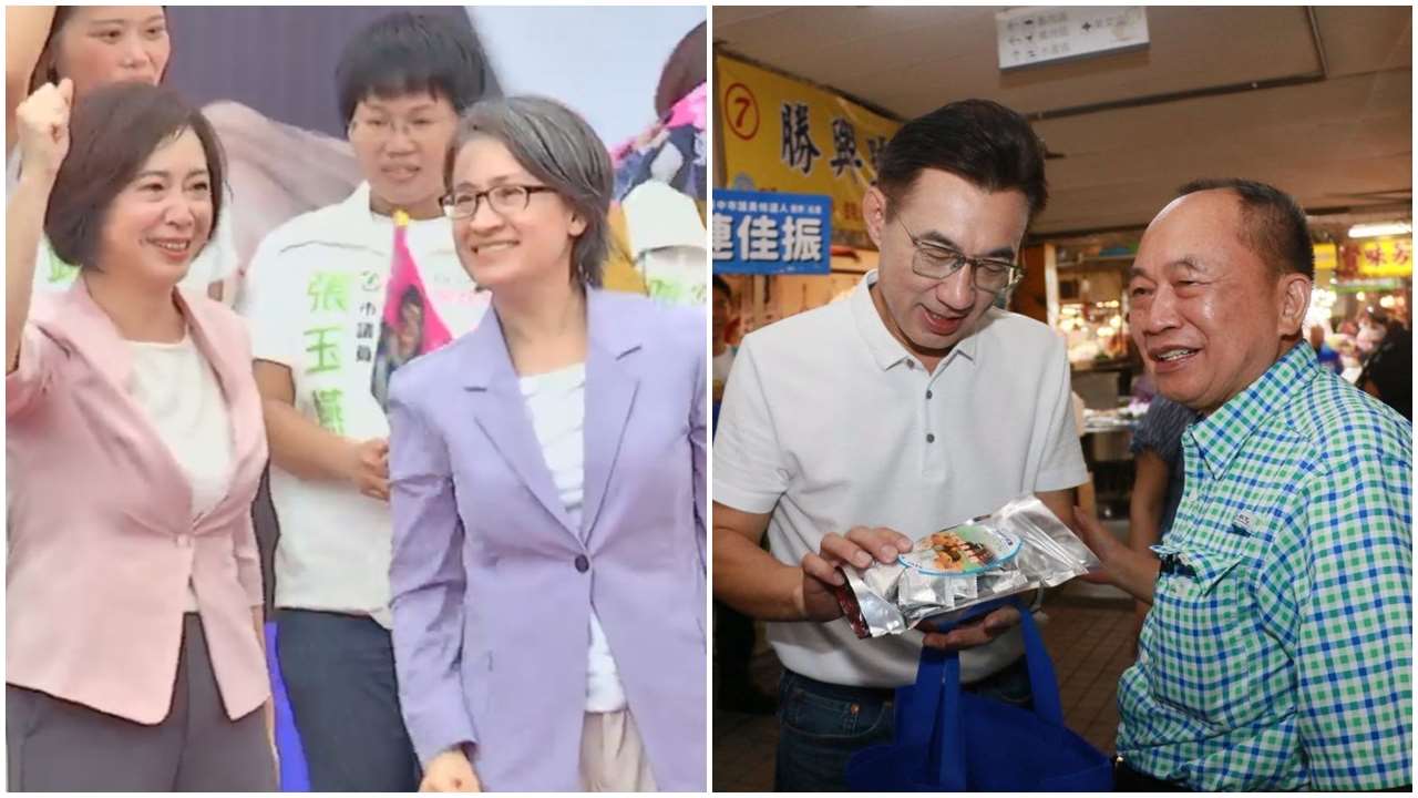 民進黨台中市參選人何欣純19日舉行大里霧峰後援會成立大會，副總統蕭美琴出席助講。國民黨台中市長參選人江啟臣到市場掃街，民眾送上喉糖，為他加油打氣。(合成圖/FB@何欣純/FB@江啟臣)