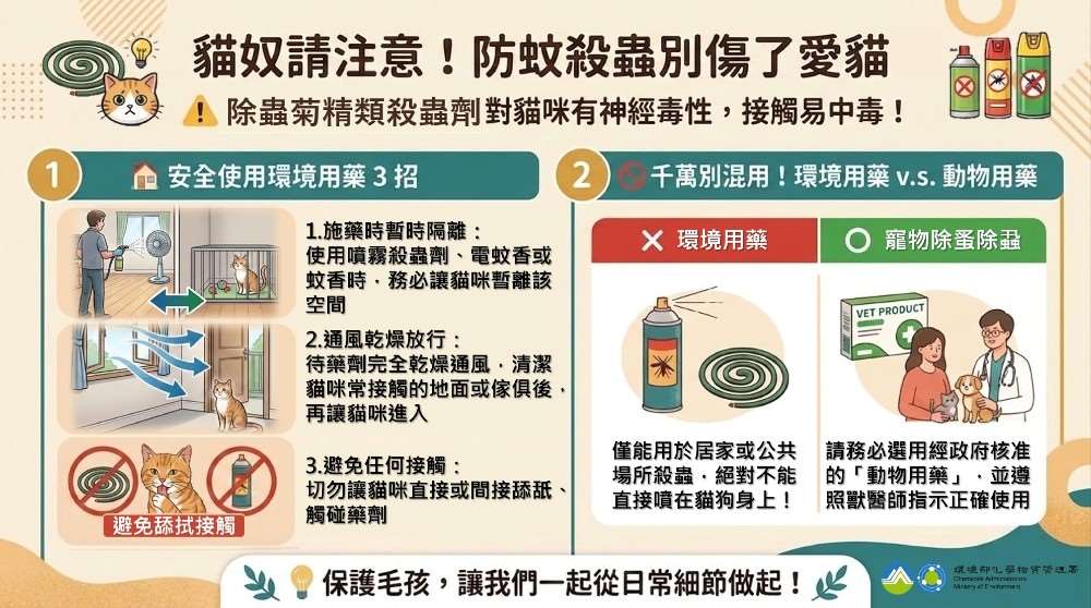 除蟲菊精殺蟲劑對貓隻具神經毒性，環部強制增列警語並籲飼主謹慎使用。(環境部提供)