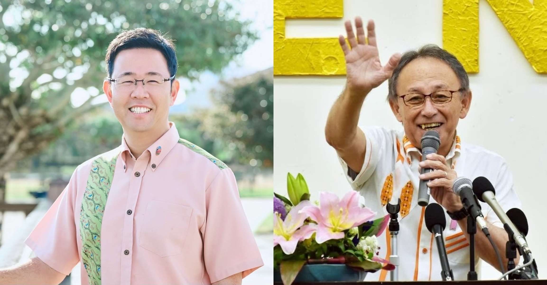 日本沖繩縣(Okinawa)今天(13日)舉行知事選舉，外界關注反美軍基地的現任知事玉城鄧尼(Denny Tamaki)(右)與獲得日相高市早苗(Sanae Takaichi)支持候選人古謝玄太(Genta Koja)之間的對決。(古謝玄太粉專、玉城鄧尼粉專，央廣合成)
