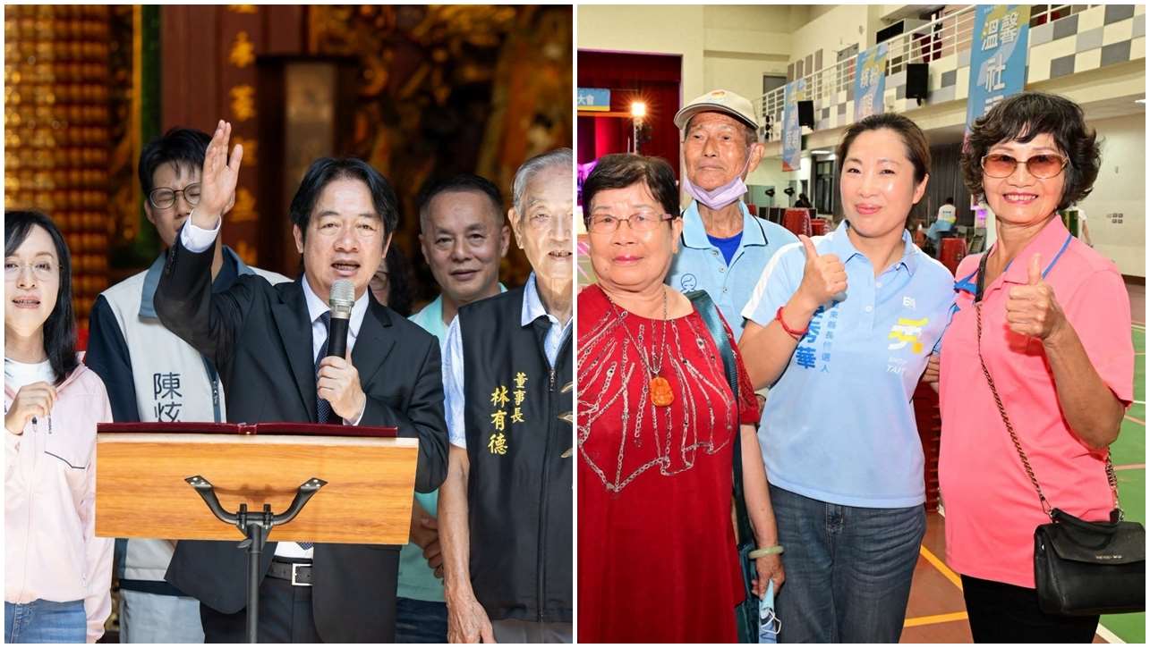 賴清德總統（圖左中）6日前往台東天后宮參香祈福，同時為民進黨提名的公職參選人加油打氣。國民黨台東縣長參選人吳秀華（圖右中）競選總部盼總統真正走進台東、傾聽鄉親的心聲。(合成圖/總統府/FB@吳秀華)