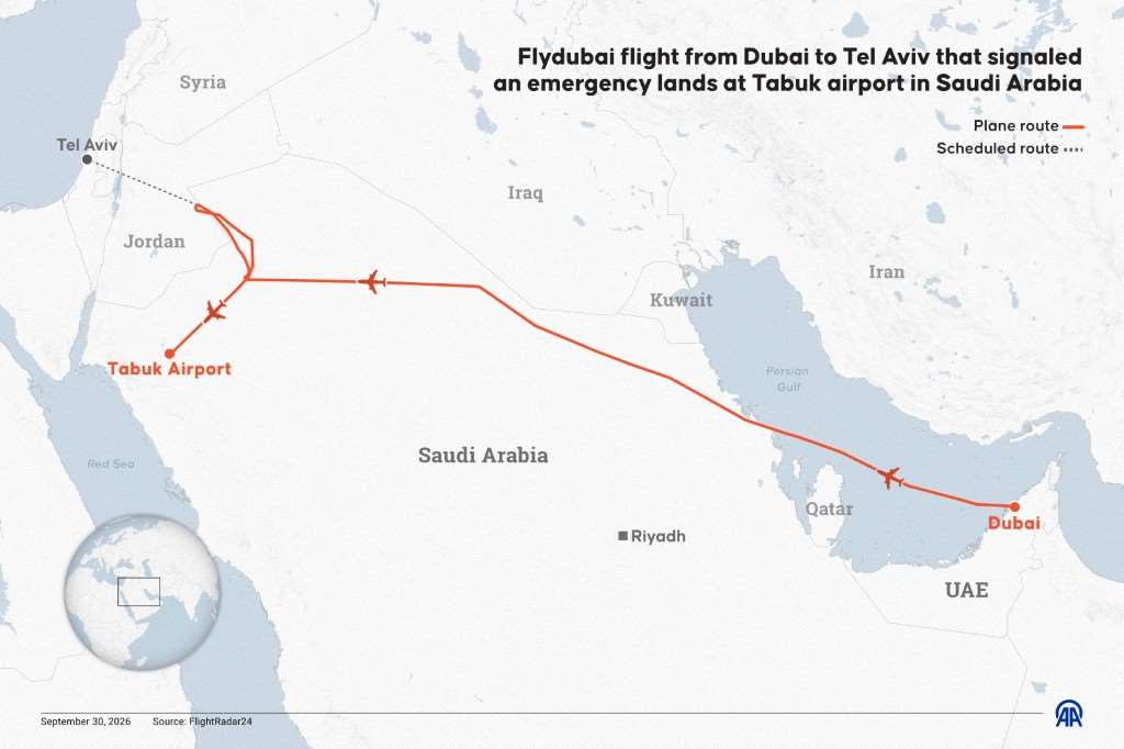一架從迪拜(Dubai)飛往台拉維夫(Tel Aviv)的航班發出緊急信號後，降落在沙烏地西北部的塔布克機場(Tabuk Airport)。(AFP)