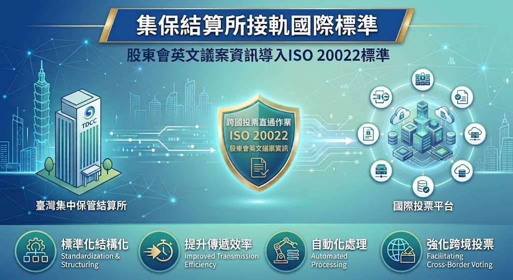 集保結算所今天(30日)起，正式將跨國投票直通作業提供予國際投票機構的股東會英文議案資訊，升級為ISO 20022格式。(圖 : 集保結算所)