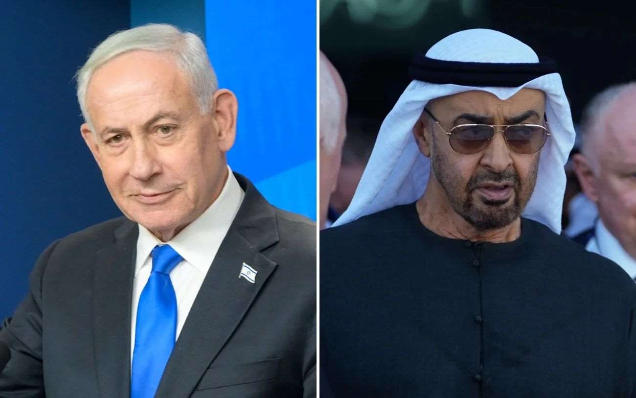 阿拉伯聯合大公國元首穆罕默德親王(Mohamed bin Zayed Al Nahyan)(右)27日接待了來訪的以色列總理尼坦雅胡(Benjamin Netanyahu)(左)。合成圖。
