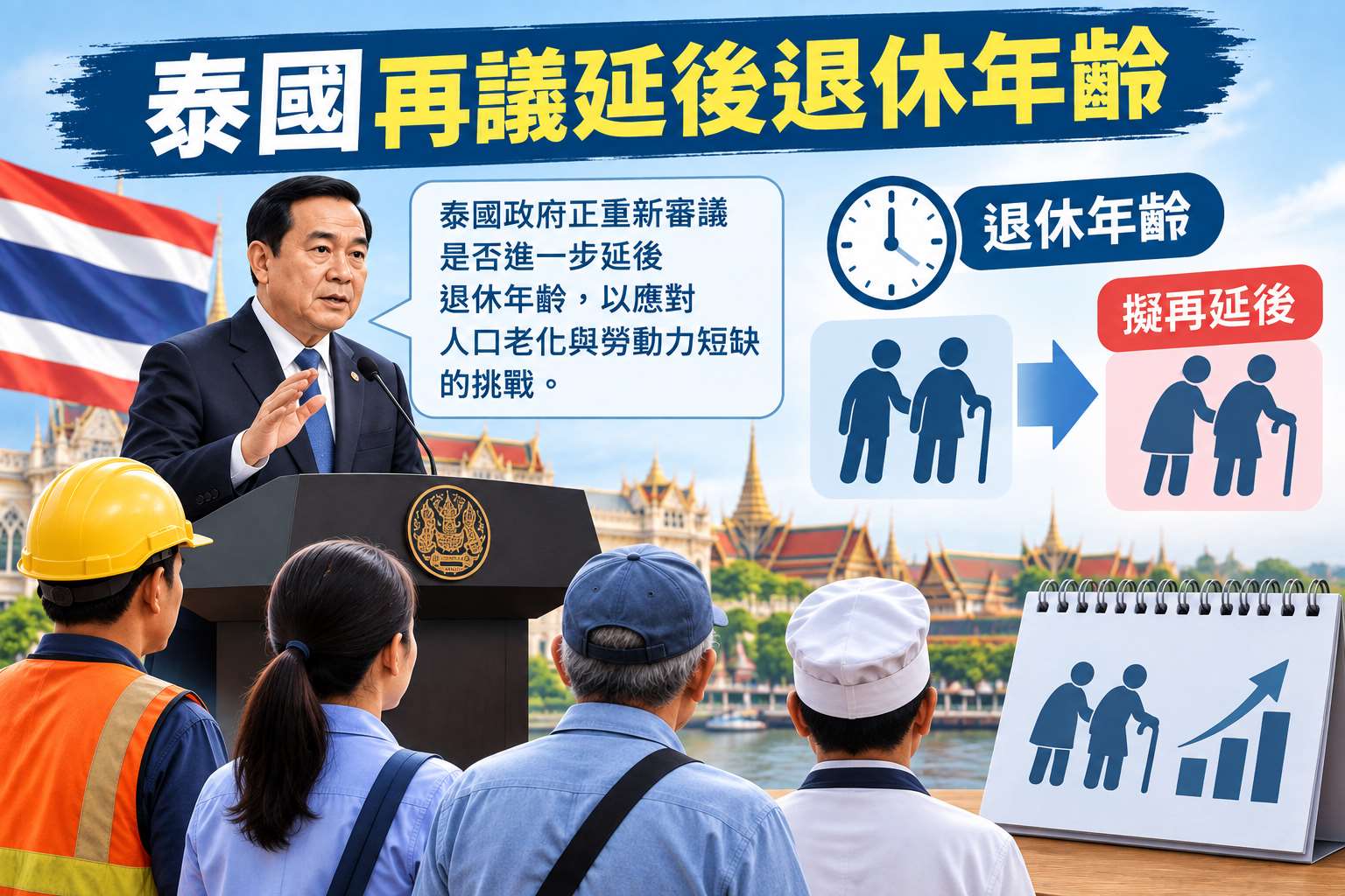 泰國因高齡化社會加速發展，再度掀起延後退休年齡討論。(圖:AI生成)