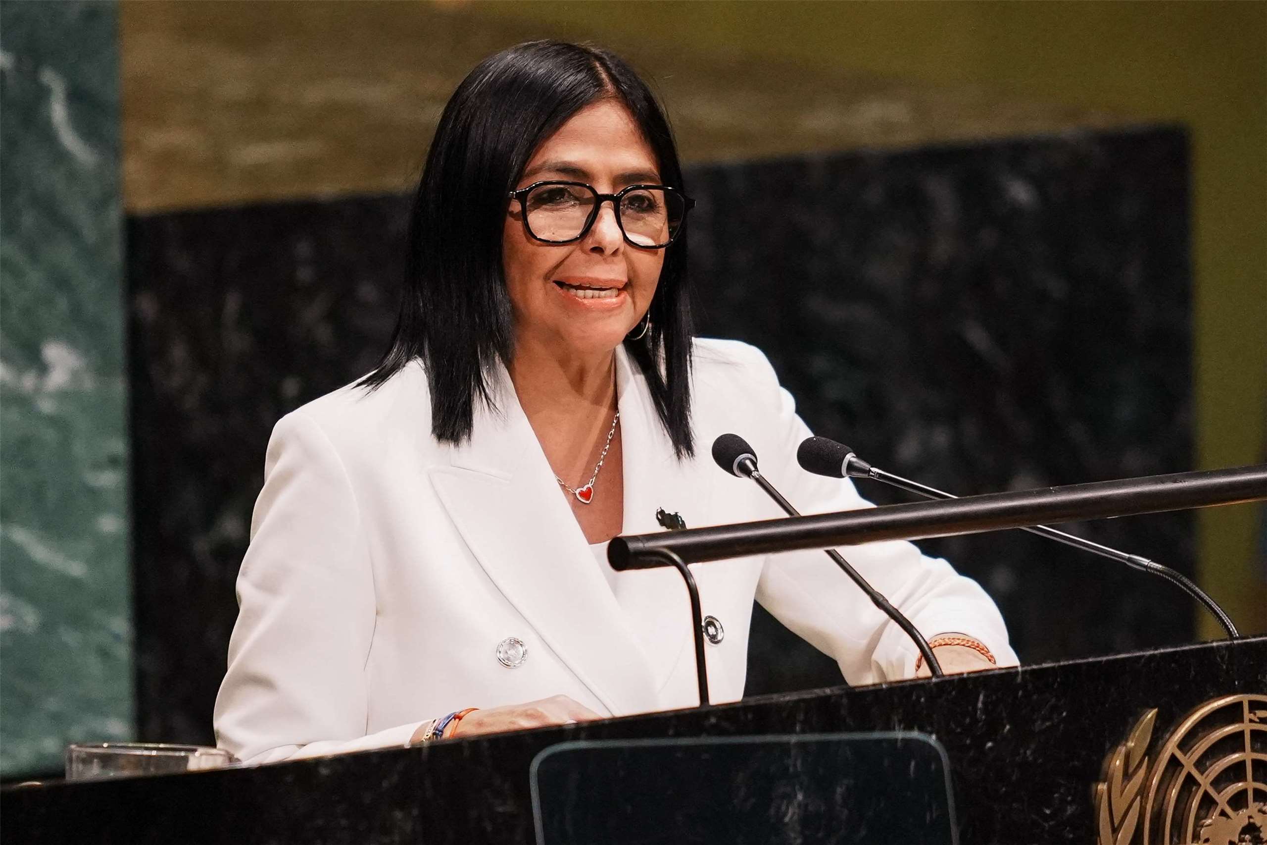 委內瑞拉臨時總統羅德里格斯(Delcy Rodriguez)23日在聯合國大會發表演說。