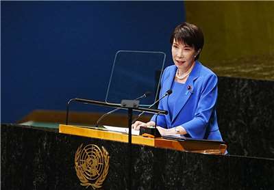 日本首相高市早苗在聯合國大會第81屆高層會議上發表演說。(AFP)