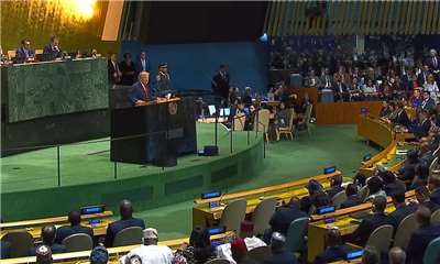 美國總統川普22日赴聯合國大會發表演說。(YT/@UN)