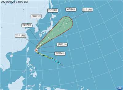 今年第26號颱風「舒力基」預計在27日到28日左右接近日本沖繩地區，可能在下週接近本州等地區。(圖：中央氣象署)