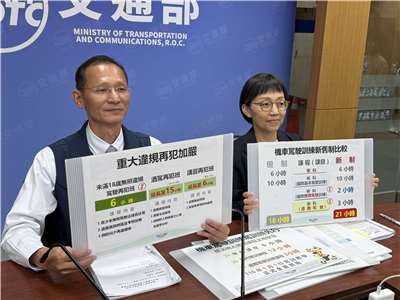 公路局長林福山(左)29日率領監理組長吳季娟提醒明天9月30日起將上路的駕照管理新制。(吳琍君攝)